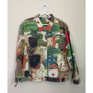 Chico's Womens Size 3 US XLarge Cropped Art Deco Jacket Faces Multicolor Denim